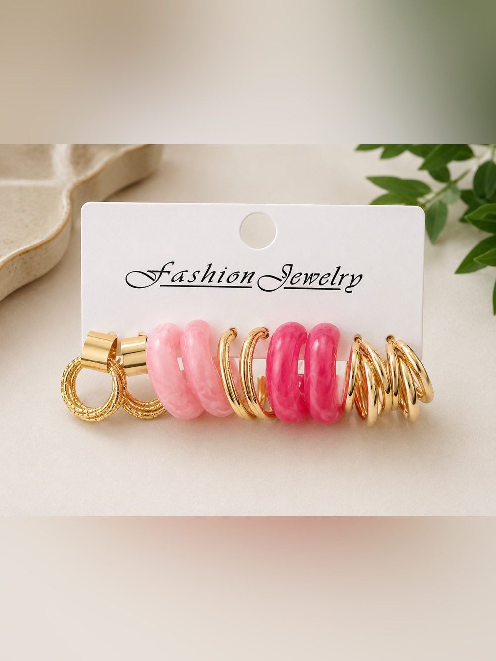 Gold and Pink Hoop Earring Set